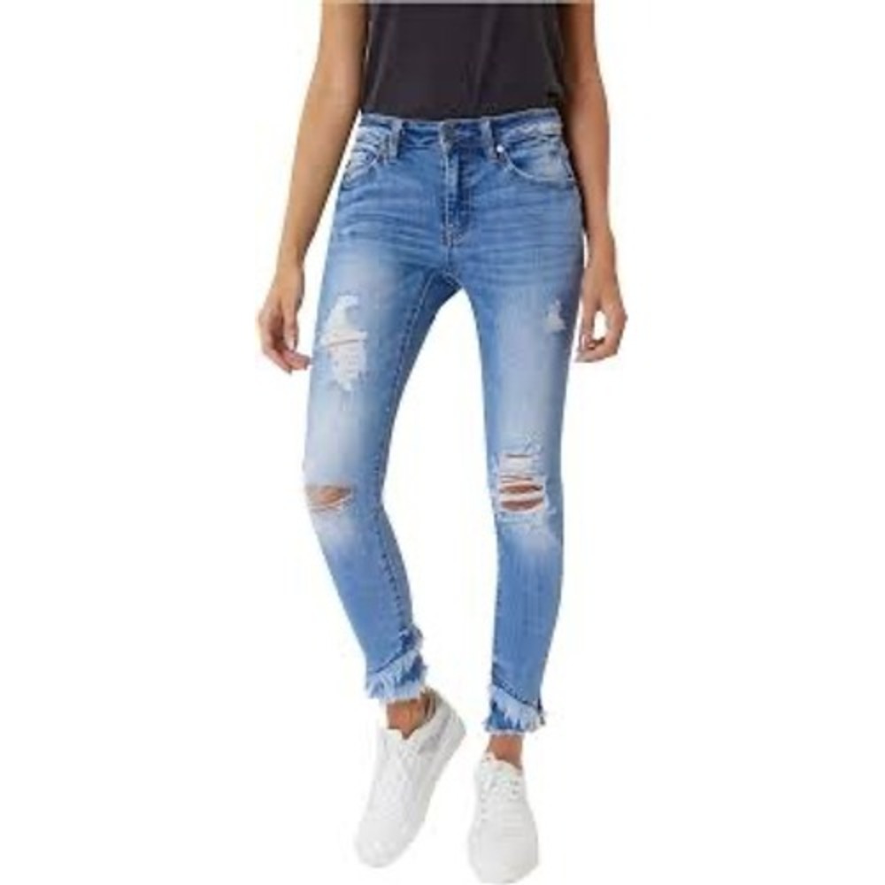Kancan Blue Distressed Frayed Hem Skinny Jeans 7/27 High Rise Stretch Denim